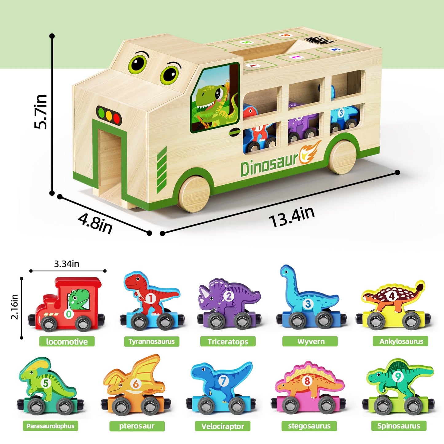 GJZZ Wooden Dinosaur Truck & Magnetic Train Set | Montessori STEM Toys for 2-5