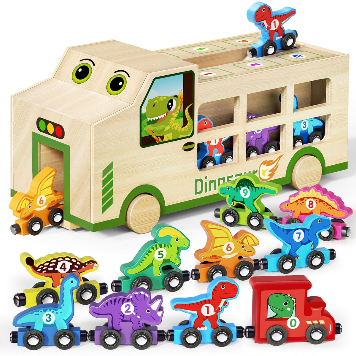 GJZZ Wooden Dinosaur Truck & Magnetic Train Set | Montessori STEM Toys for 2-5