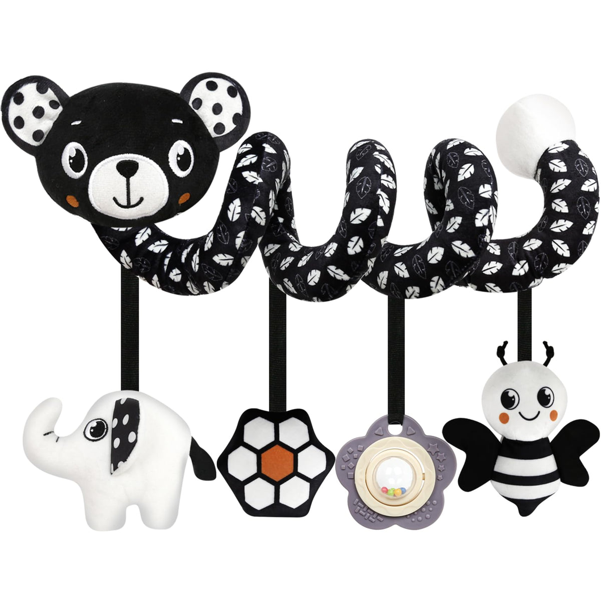 GKDOMS Baby Carseat Toy - Black & White Spiral Bear Rattle for Newborns