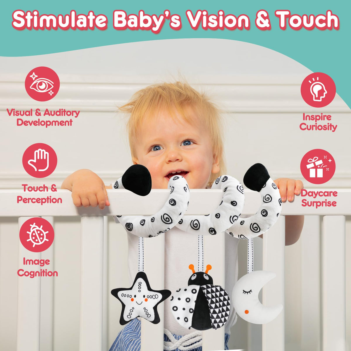 GKDOMS Black & White High-Contrast Baby Spiral Hanging Toy for Stroller & Car Seat