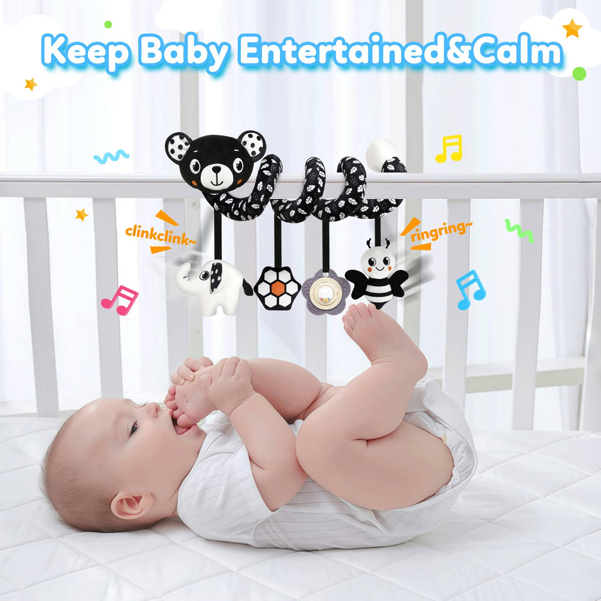GKDOMS Baby Carseat Toy - Black & White Spiral Bear Rattle for Newborns