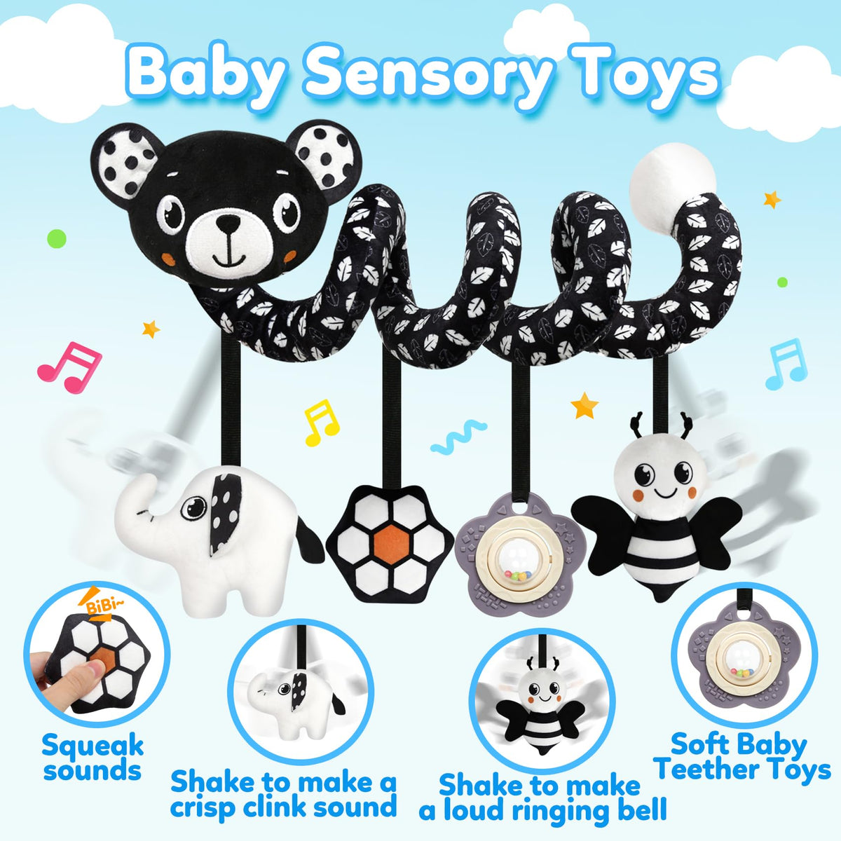 GKDOMS Baby Carseat Toy - Black & White Spiral Bear Rattle for Newborns