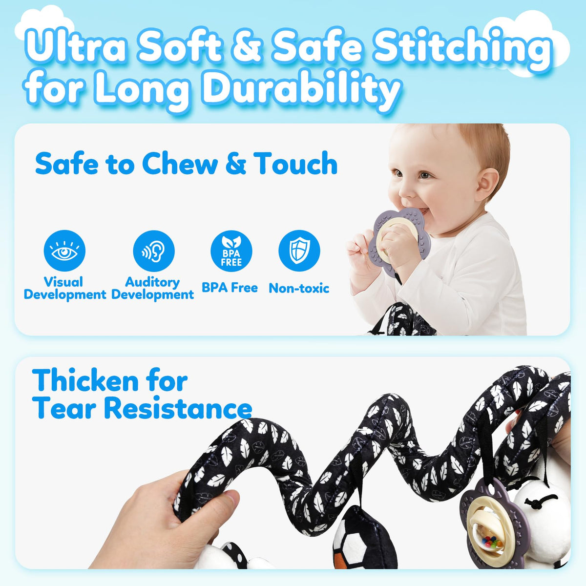 GKDOMS Baby Carseat Toy - Black & White Spiral Bear Rattle for Newborns
