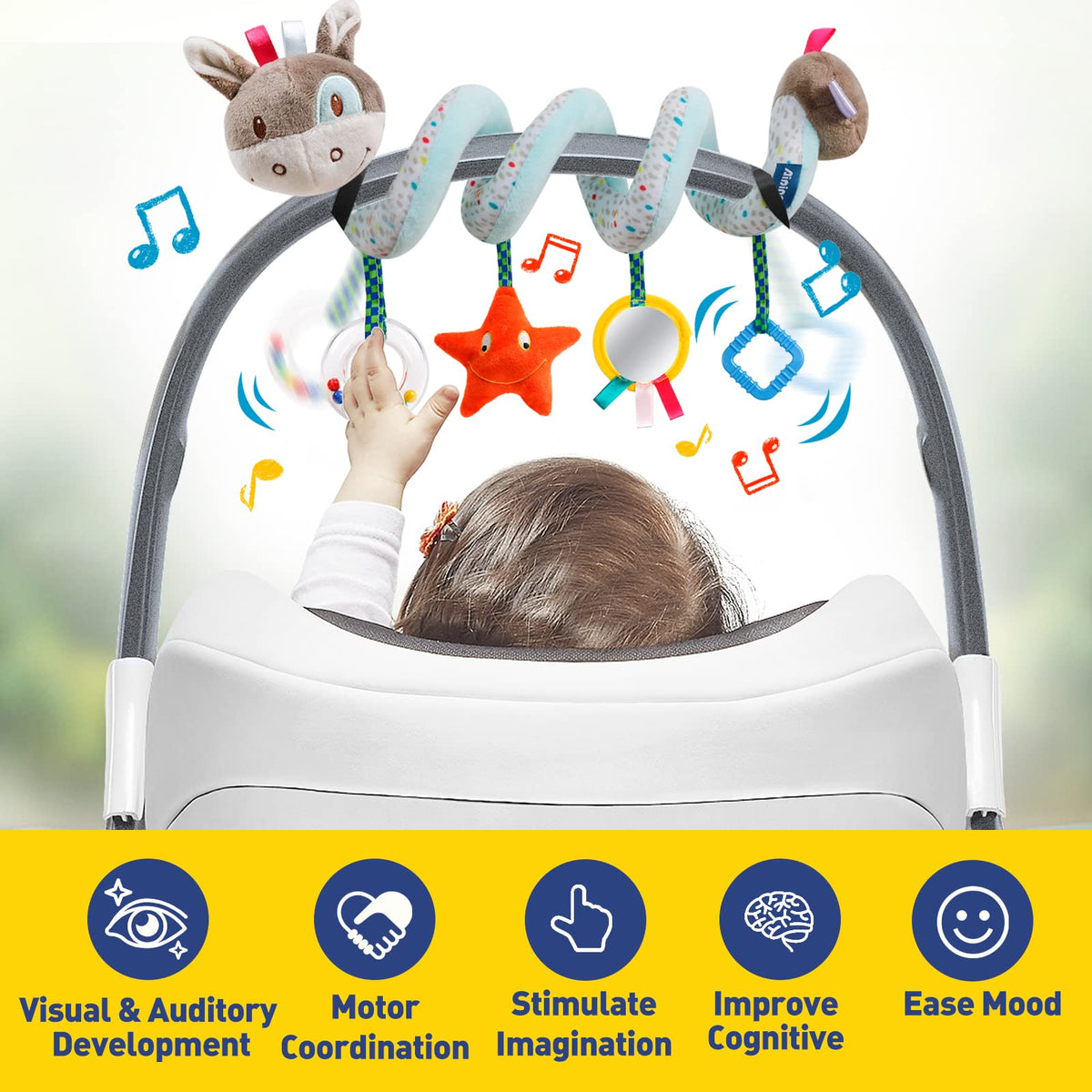 GKDOMS Baby Car Seat Toys – Spiral Donkey Plush Activity Toy for 0-12 Months