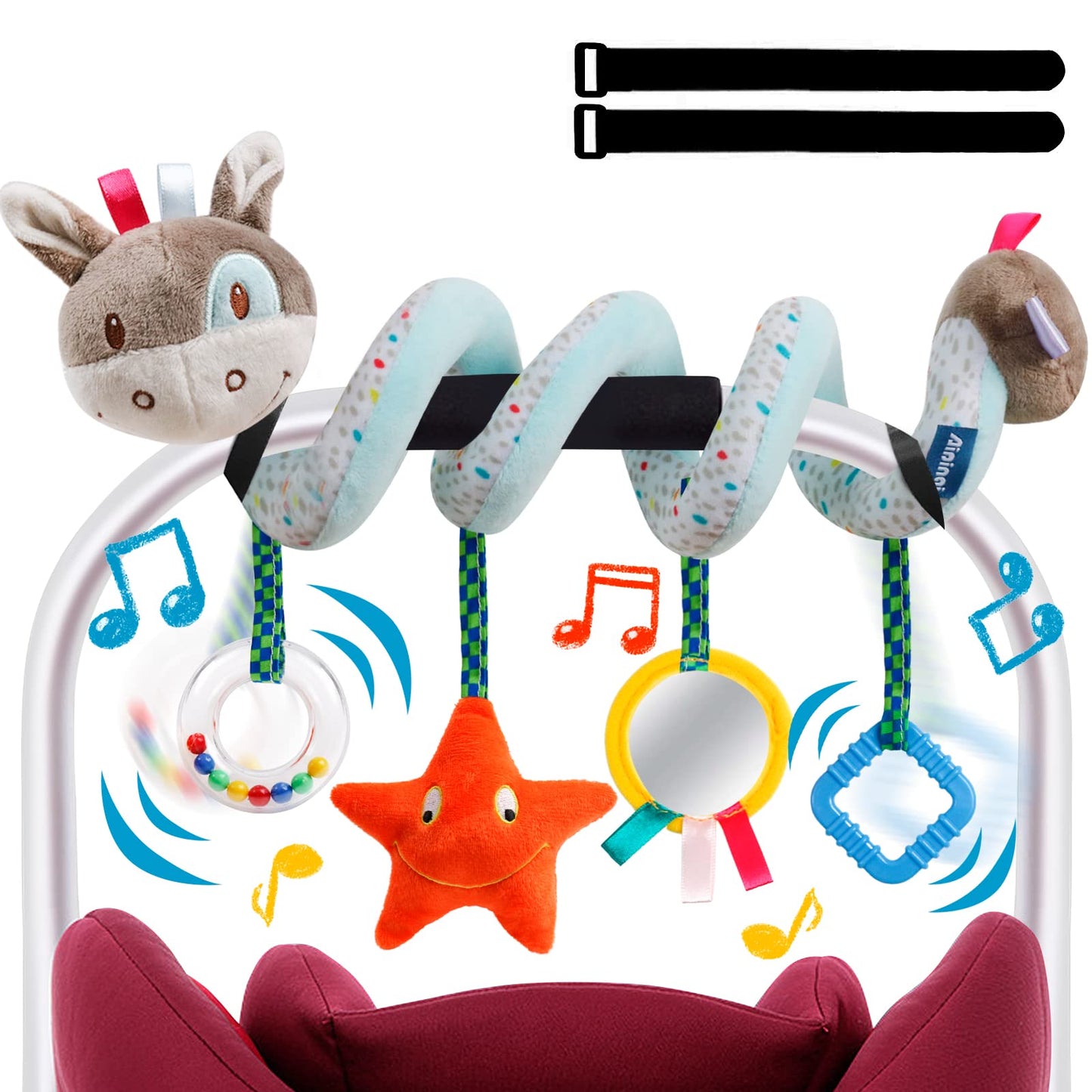 GKDOMS Baby Car Seat Toys – Spiral Donkey Plush Activity Toy for 0-12 Months
