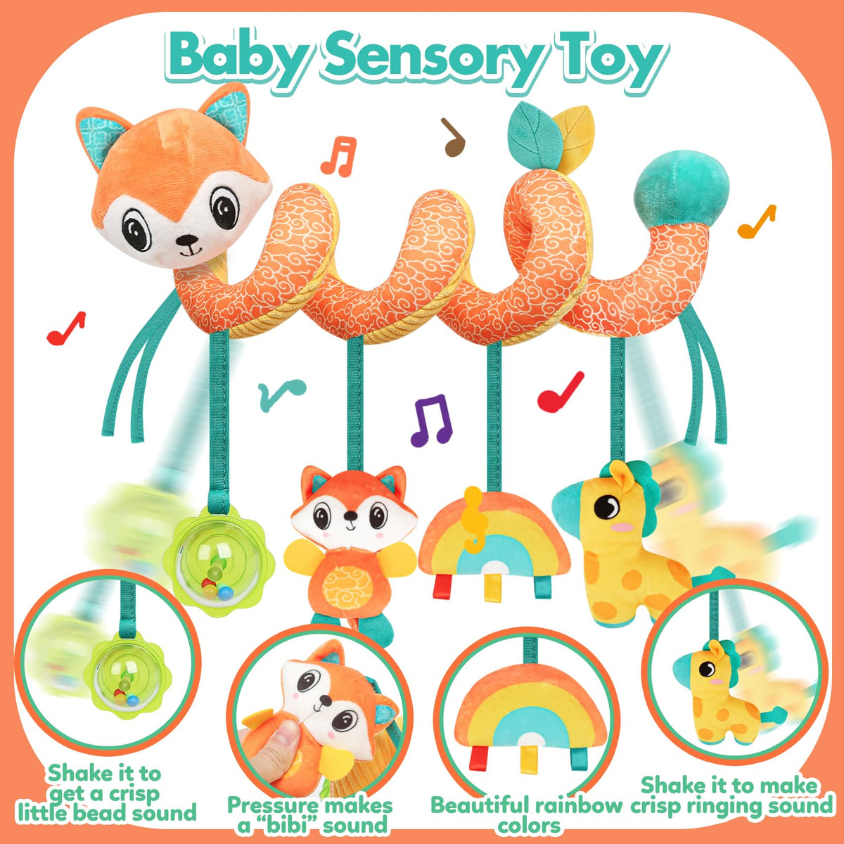 GKDOMS Baby Car Seat Toys – Spiral Fox Plush Activity for 0–12 Months | Hanging Rattle