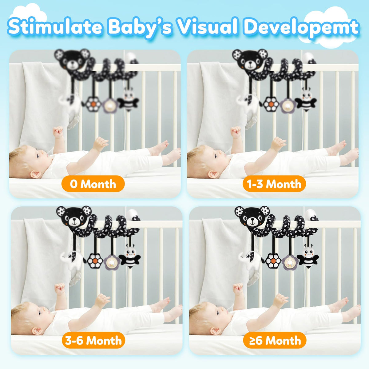 GKDOMS Baby Carseat Toy - Black & White Spiral Bear Rattle for Newborns