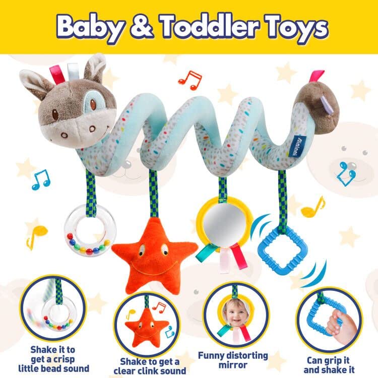GKDOMS Baby Car Seat Toys – Spiral Donkey Plush Activity Toy for 0-12 Months