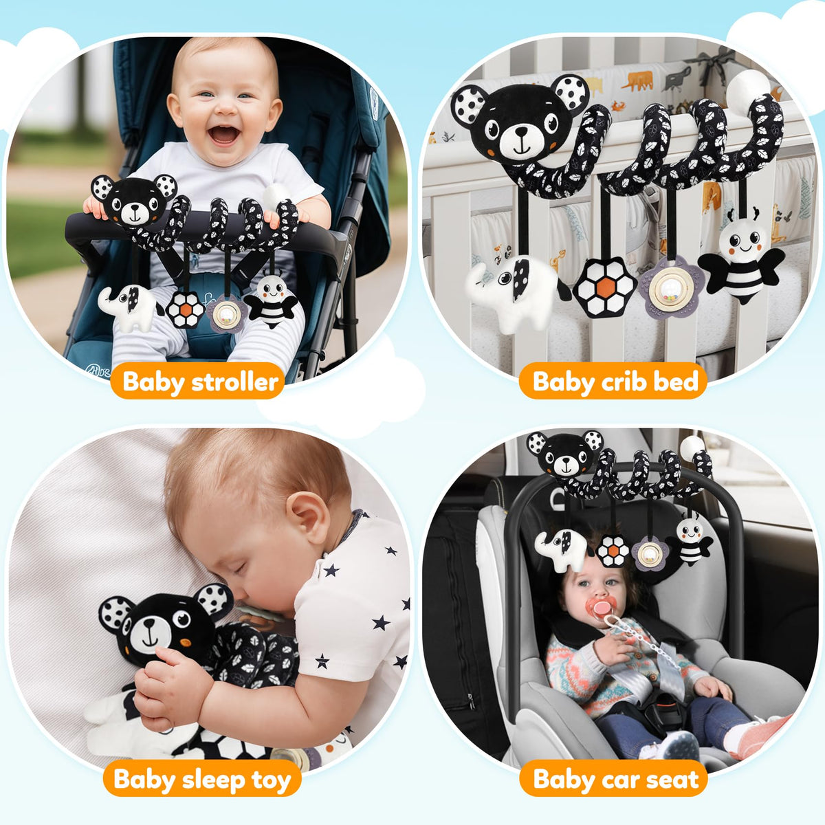 GKDOMS Baby Carseat Toy - Black & White Spiral Bear Rattle for Newborns