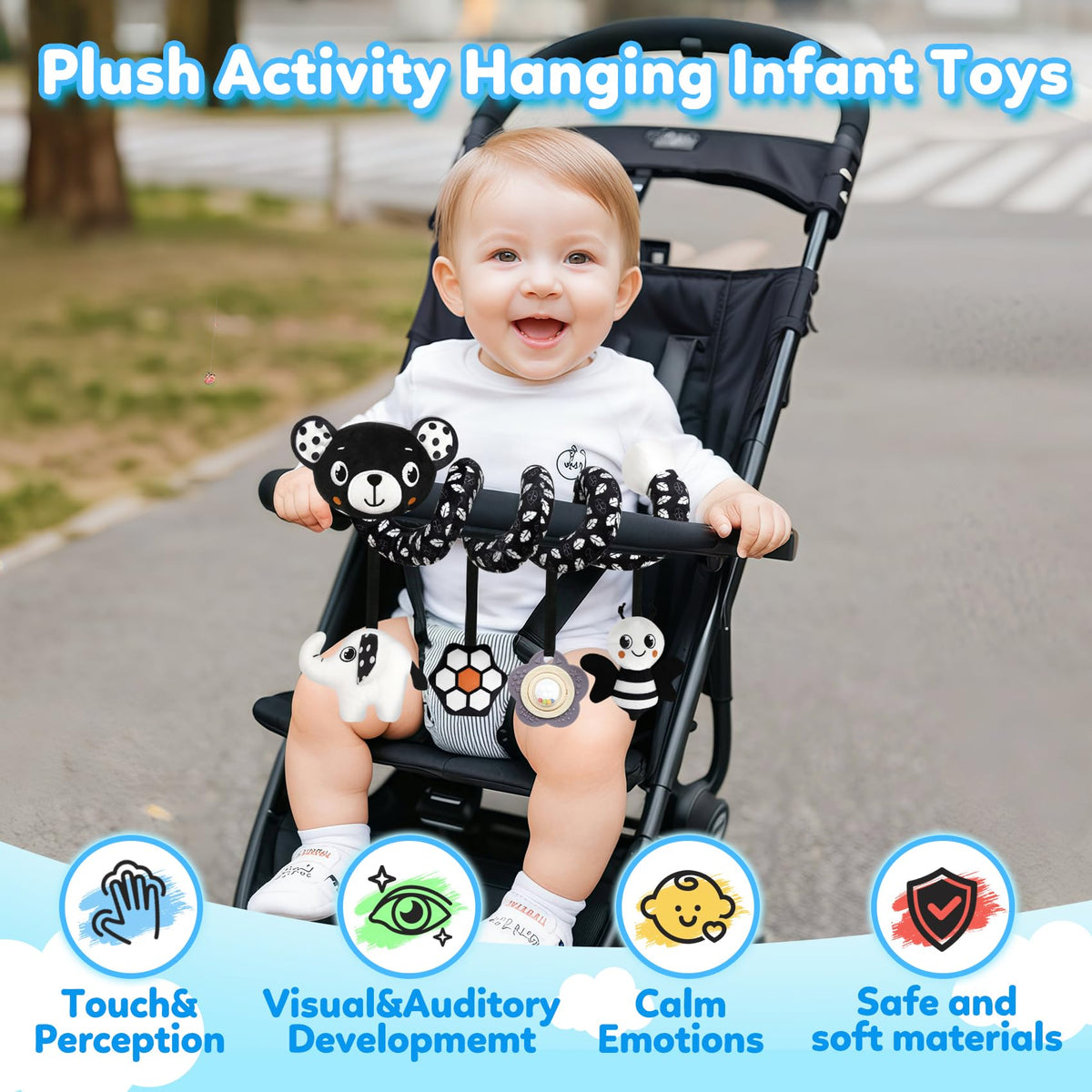 GKDOMS Baby Carseat Toy - Black & White Spiral Bear Rattle for Newborns