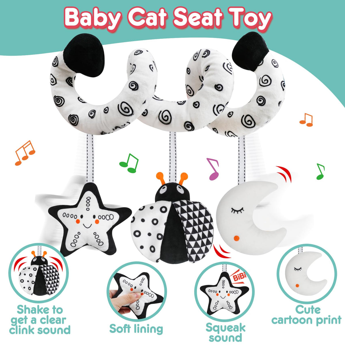 GKDOMS Black & White High-Contrast Baby Spiral Hanging Toy for Stroller & Car Seat