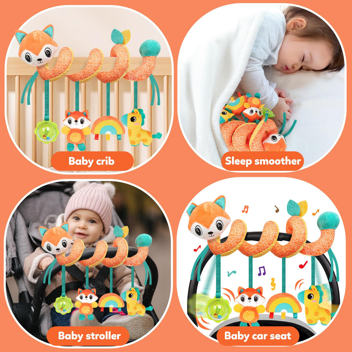 GKDOMS Baby Car Seat Toys – Spiral Fox Plush Activity for 0–12 Months | Hanging Rattle