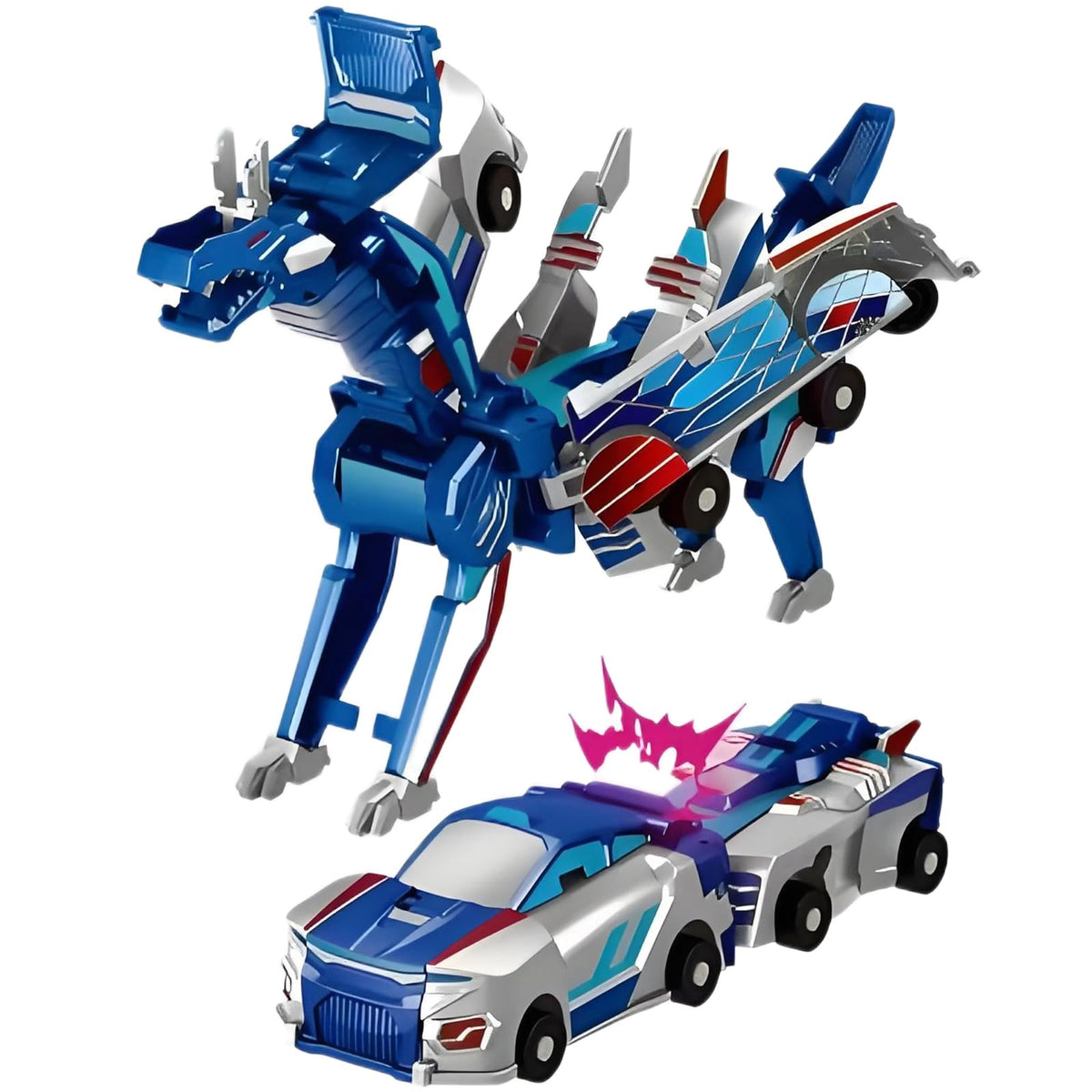 Gkiozu Magnetic Dinosaur Car Toy - 2-in-1 Crash & Transform Vehicle (Blue Dragon) for Kids 3-12
