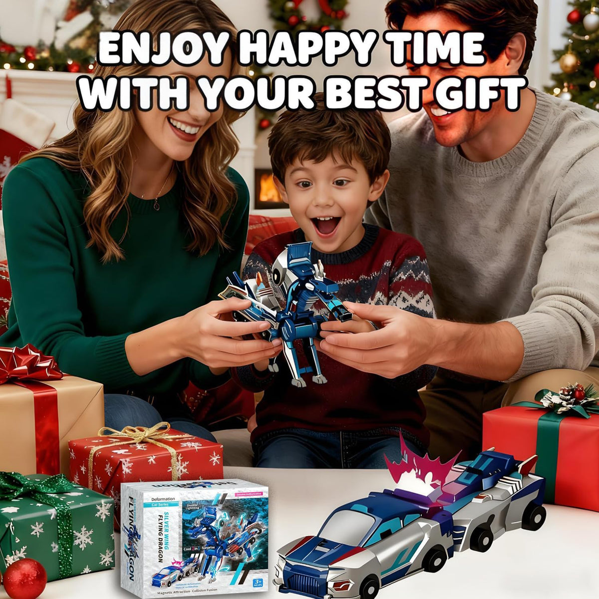 Gkiozu Magnetic Dinosaur Car Toy - 2-in-1 Crash & Transform Vehicle (Blue Dragon) for Kids 3-12