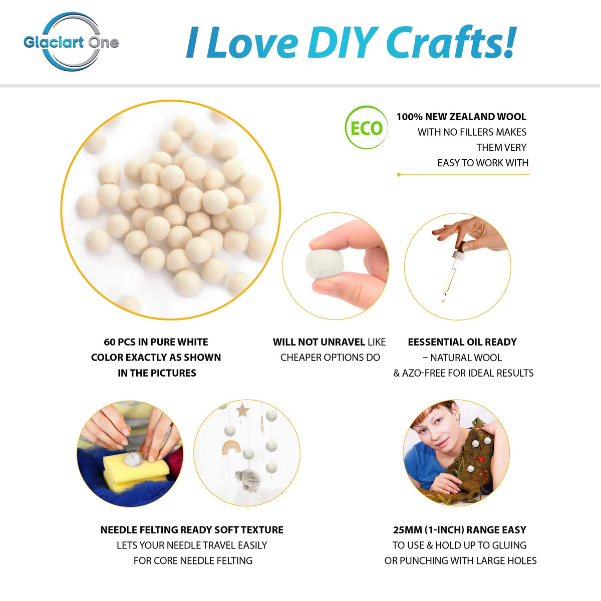 Glaciart One Wool Felt Balls - 60 Pcs, 25mm (1") Handmade Pure White Felt Balls for Felting & Garland