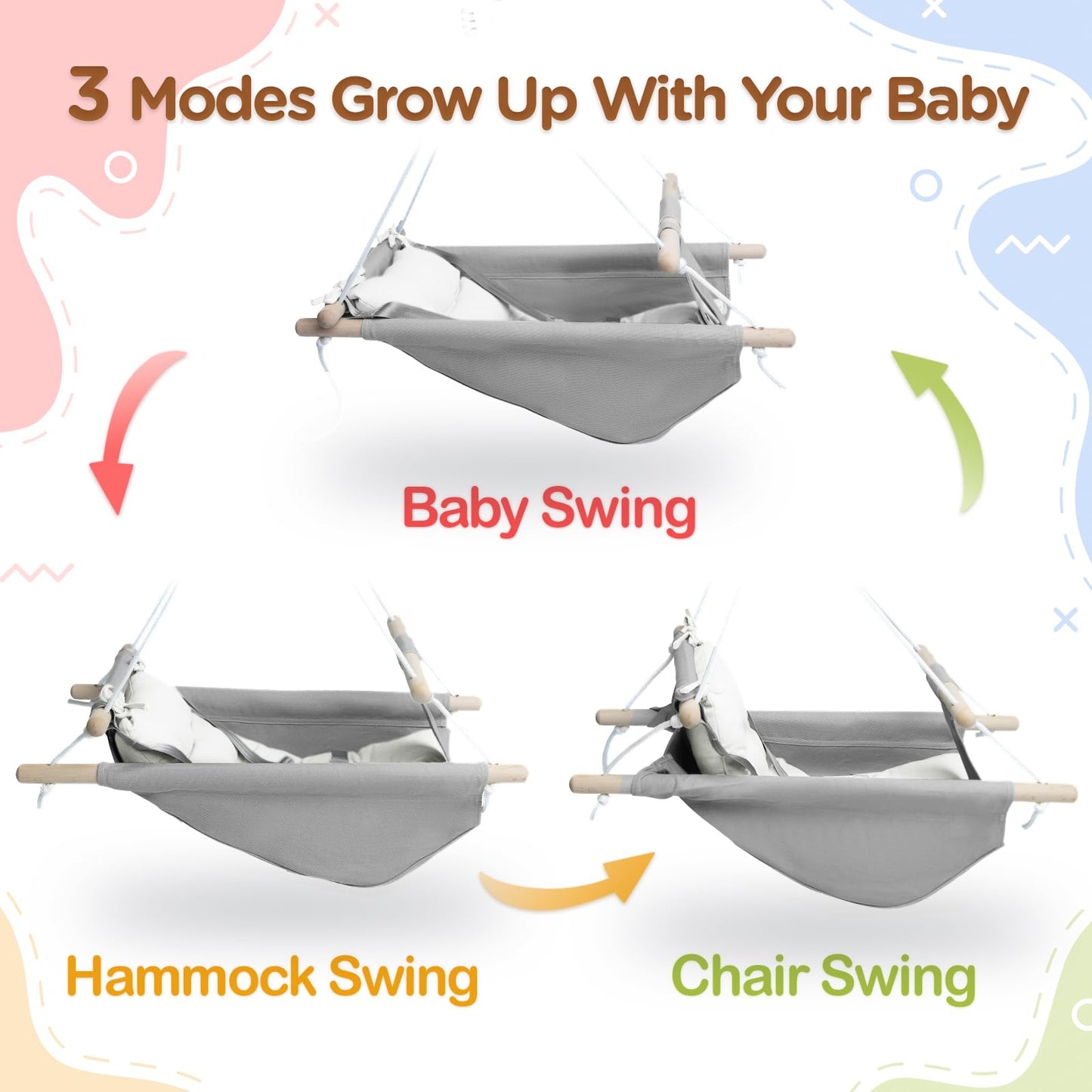 Gladswing Baby Swing Indoor & Outdoor – Canvas Hammock Swing with 3 Modes, 5-Point Harness, Gray & White