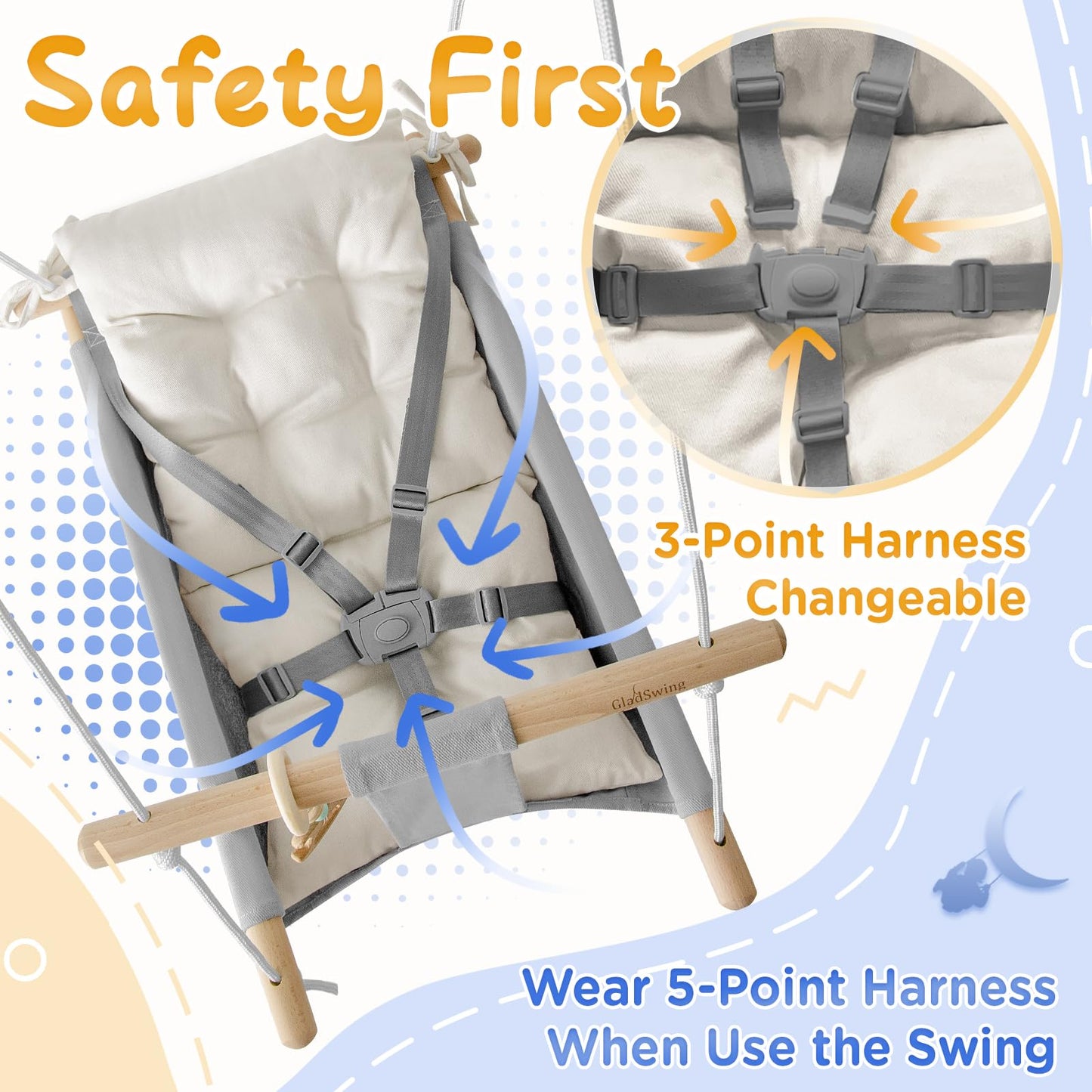 Gladswing Baby Swing Indoor & Outdoor – Canvas Hammock Swing with 3 Modes, 5-Point Harness, Gray & White