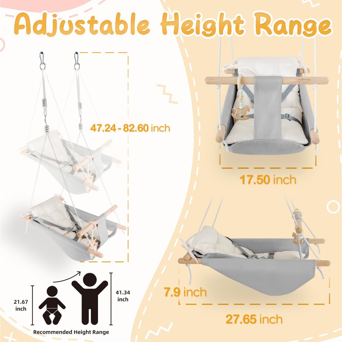 Gladswing Baby Swing Indoor & Outdoor – Canvas Hammock Swing with 3 Modes, 5-Point Harness, Gray & White