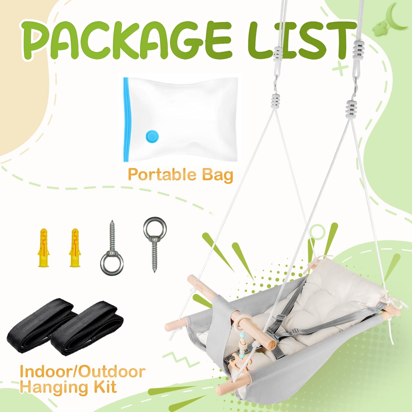Gladswing Baby Swing Indoor & Outdoor – Canvas Hammock Swing with 3 Modes, 5-Point Harness, Gray & White