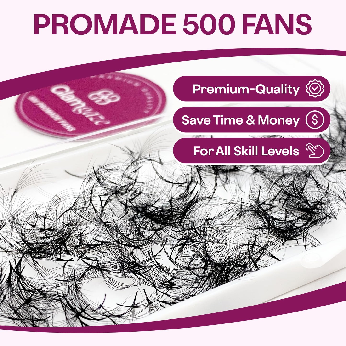 Glamgaze 500 Promade Lash Fans – 3D to 16D Premade Volume, 0.05-0.07mm, 8-17mm