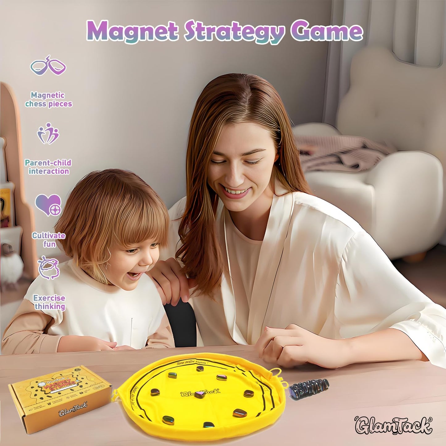 GlamTack Magnetic Chess Game – 24 Stones, 2-in-1 Travel Mat & Bag