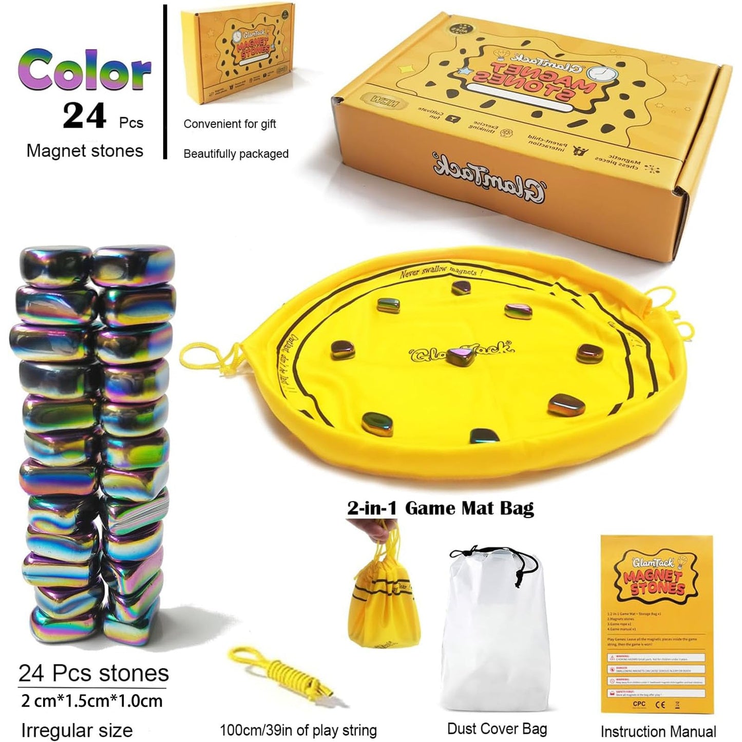 GlamTack Magnetic Chess Game – 24 Stones, 2-in-1 Travel Mat & Bag