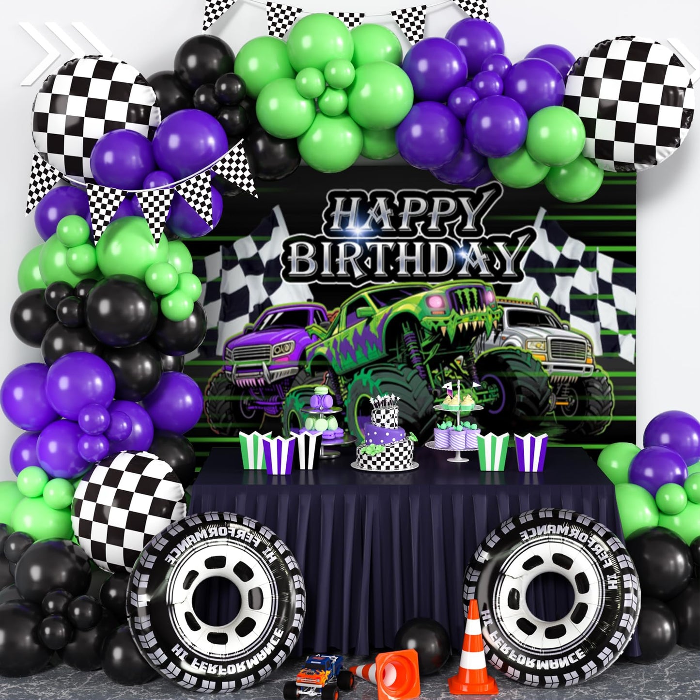 GLANFOIO 130Pcs Monster Truck Birthday Decorations – Balloon Garland Arch Kit with Backdrop