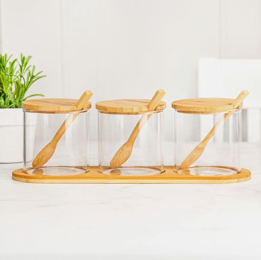 Glass Jar Kitchen Station Set with Wooden Tray Labels and Spoons
