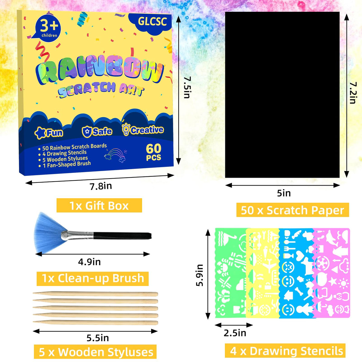 GLCSC 60-Piece Rainbow Scratch Art Set for Kids – Deluxe Gift Box