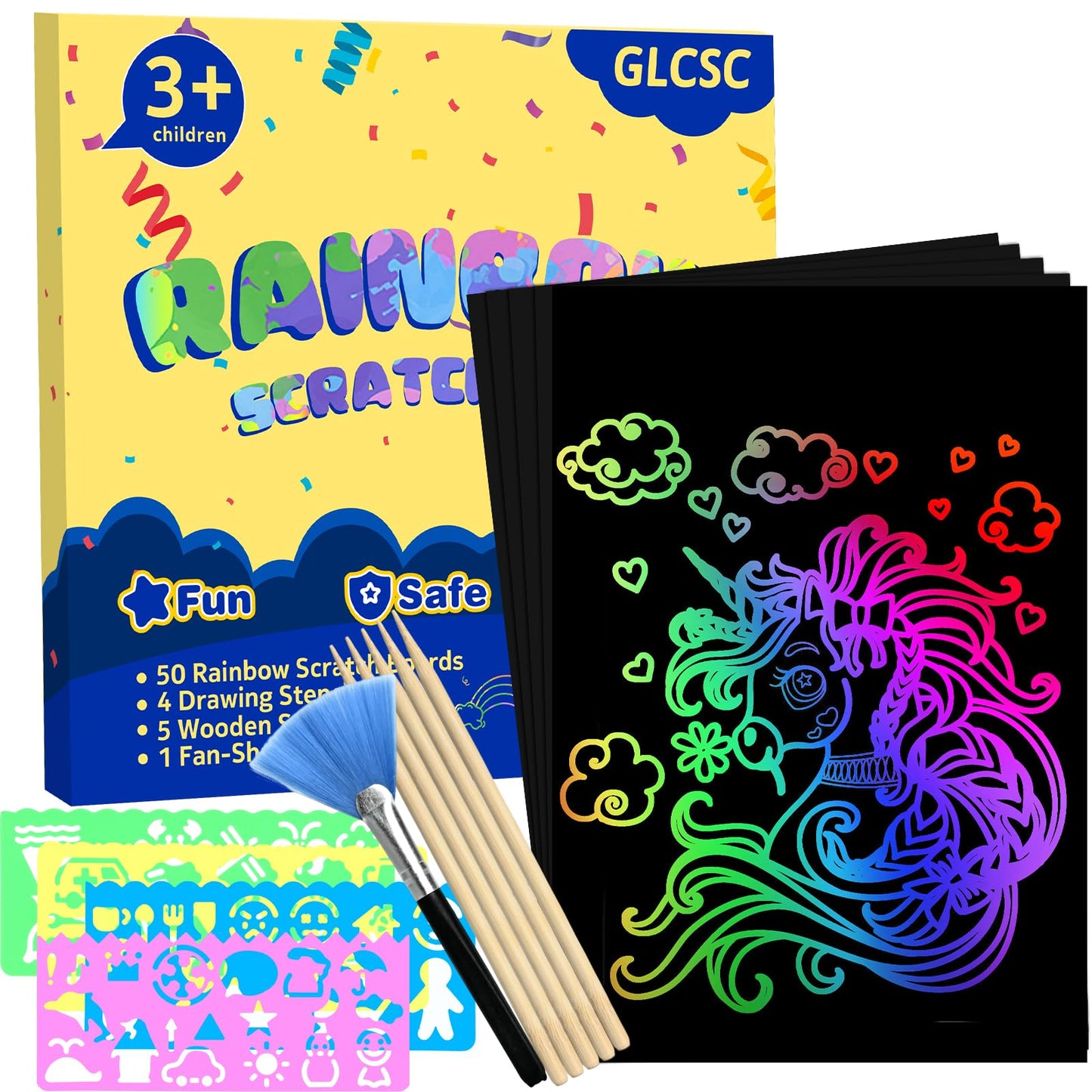 GLCSC 60-Piece Rainbow Scratch Art Set for Kids – Deluxe Gift Box