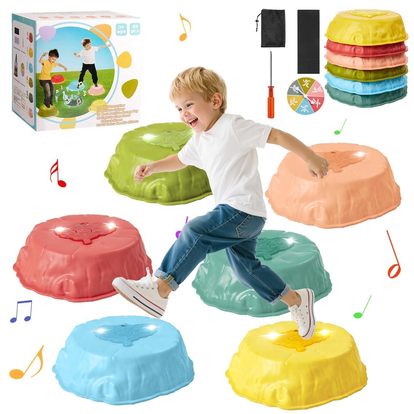 Gleamkid Light Up Stepping Stones with Music — 6-Piece Thick ABS, Rainbow Spinner (Indoor/Outdoor)