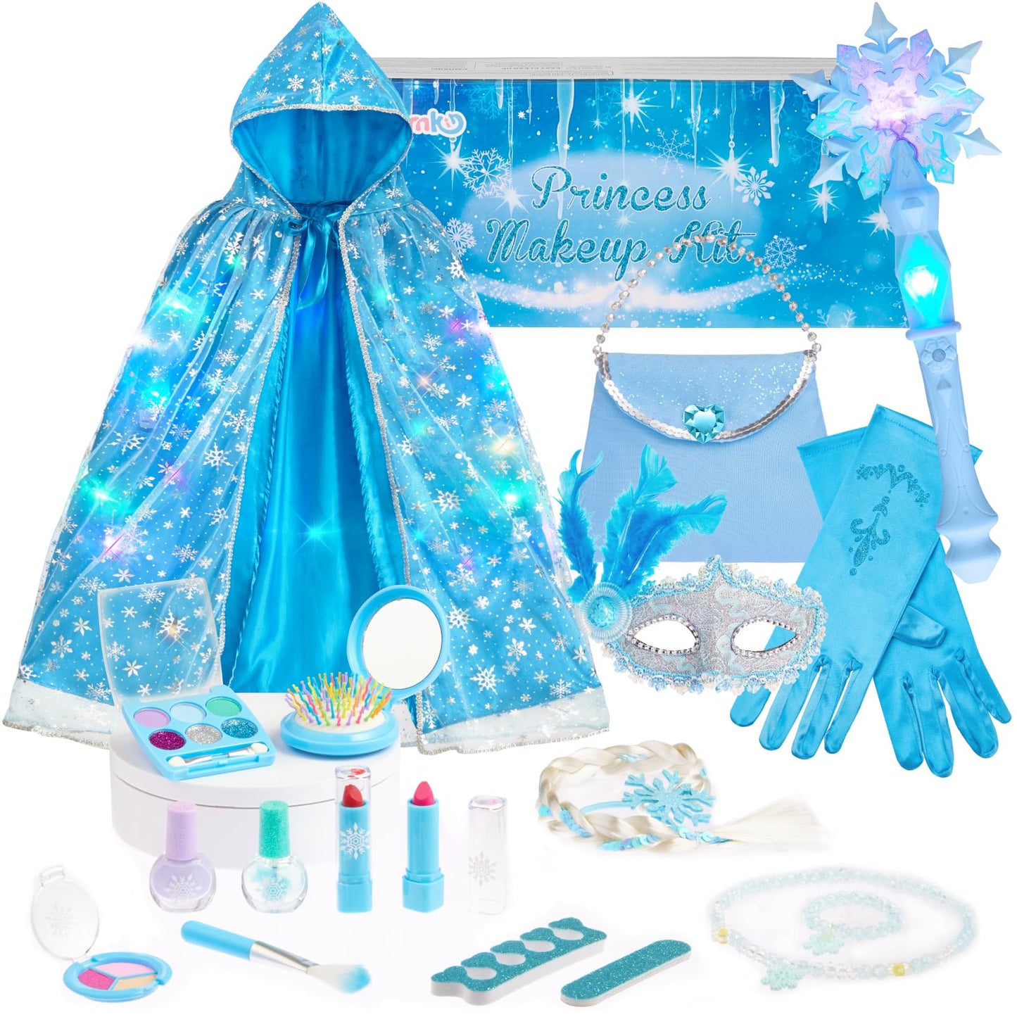 Gleamkid Frozen Princess Dress Up Set – Light Up Cape, Music Wand & Makeup Kit for Girls 3+