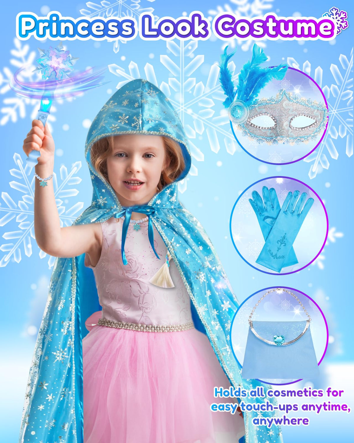 Gleamkid Frozen Princess Dress Up Set – Light Up Cape, Music Wand & Makeup Kit for Girls 3+