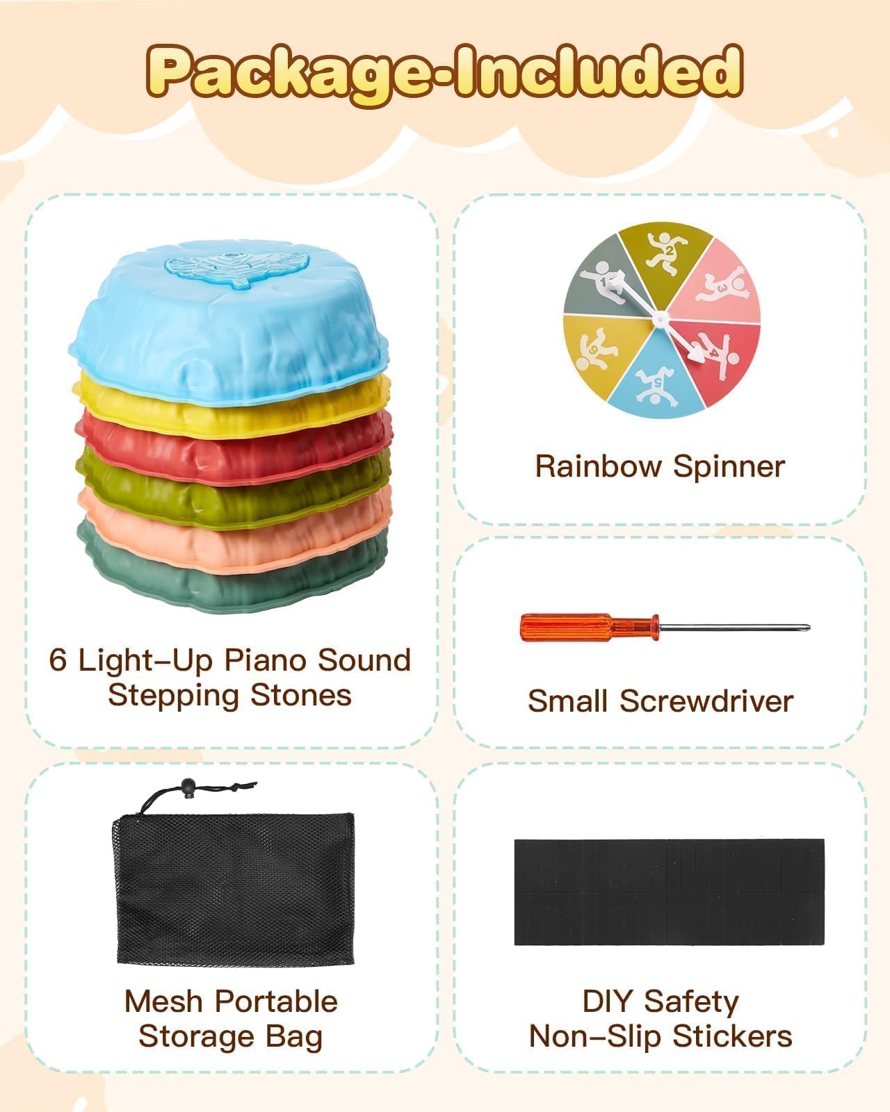 Gleamkid Light Up Stepping Stones with Music — 6-Piece Thick ABS, Rainbow Spinner (Indoor/Outdoor)