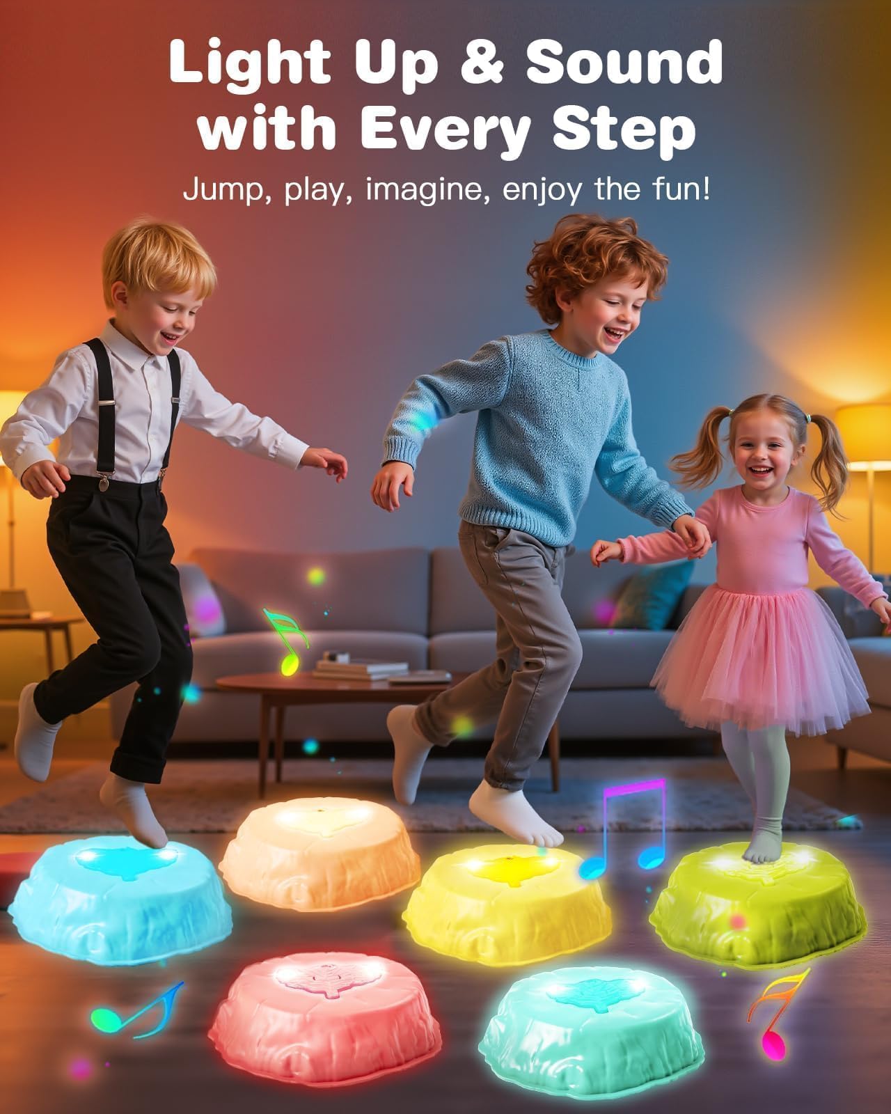 Gleamkid Light Up Stepping Stones with Music — 6-Piece Thick ABS, Rainbow Spinner (Indoor/Outdoor)