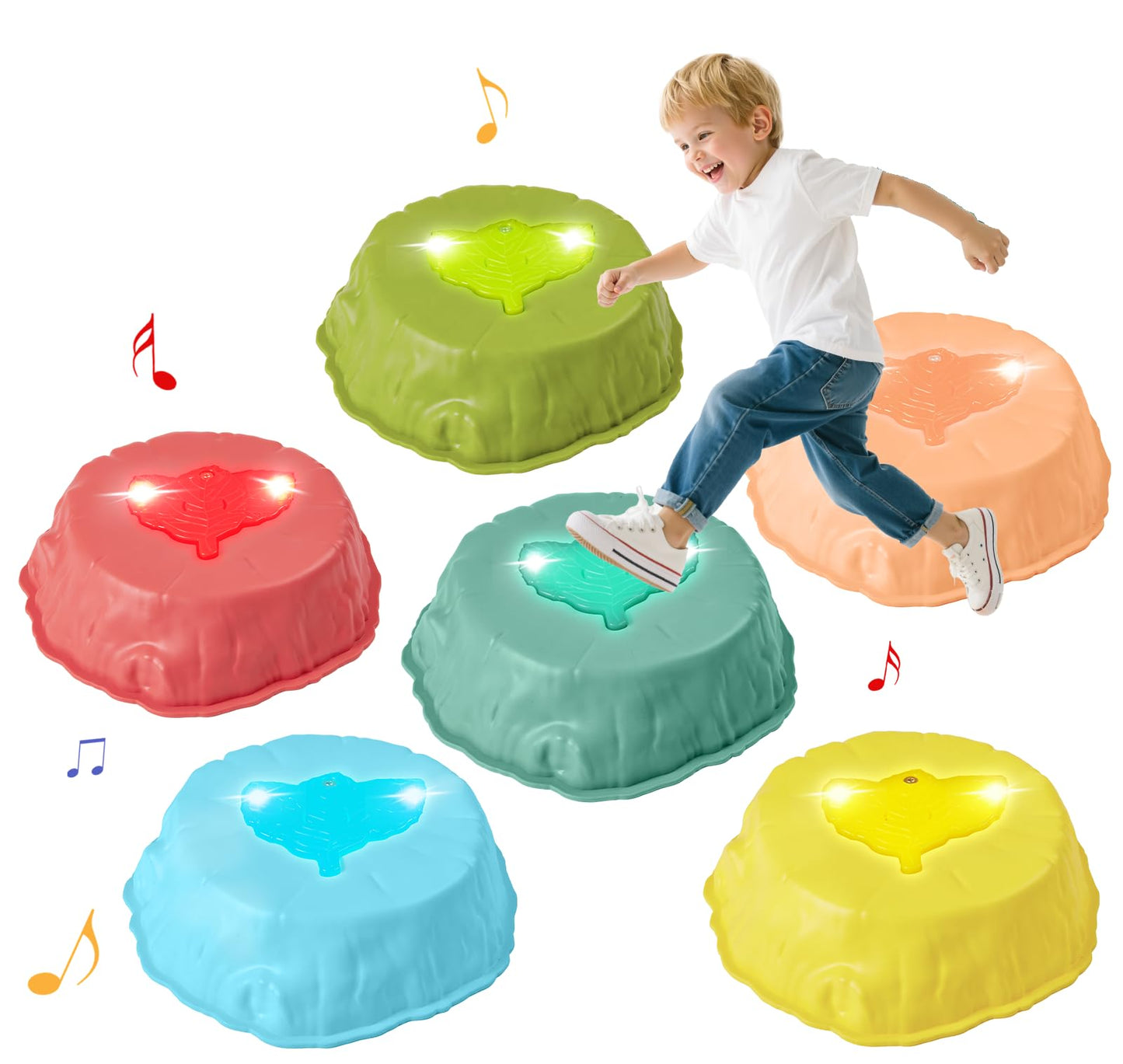 Gleamkid Light Up Stepping Stones with Music — 6-Piece Thick ABS, Rainbow Spinner (Indoor/Outdoor)