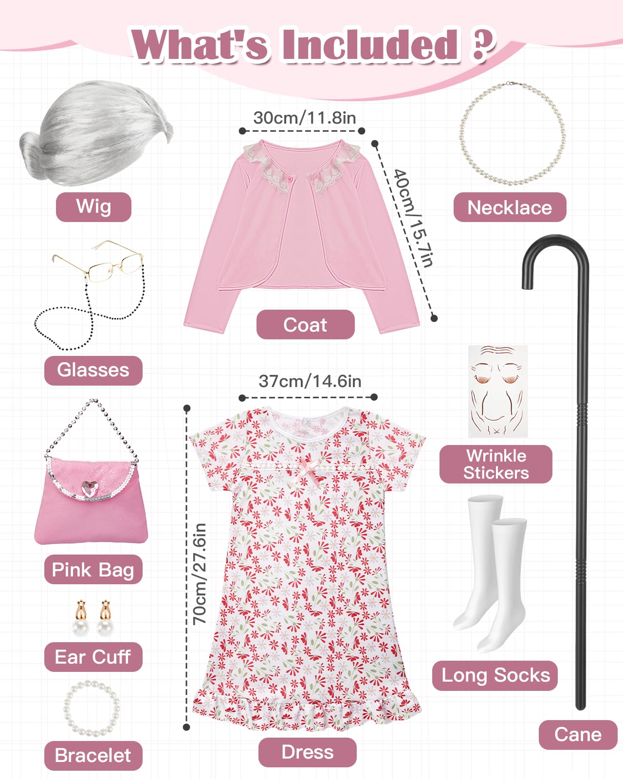 Gleamkid Old Lady Costume for Kids – 100 Days Granny Dress-Up Kit with Wig & Accessories