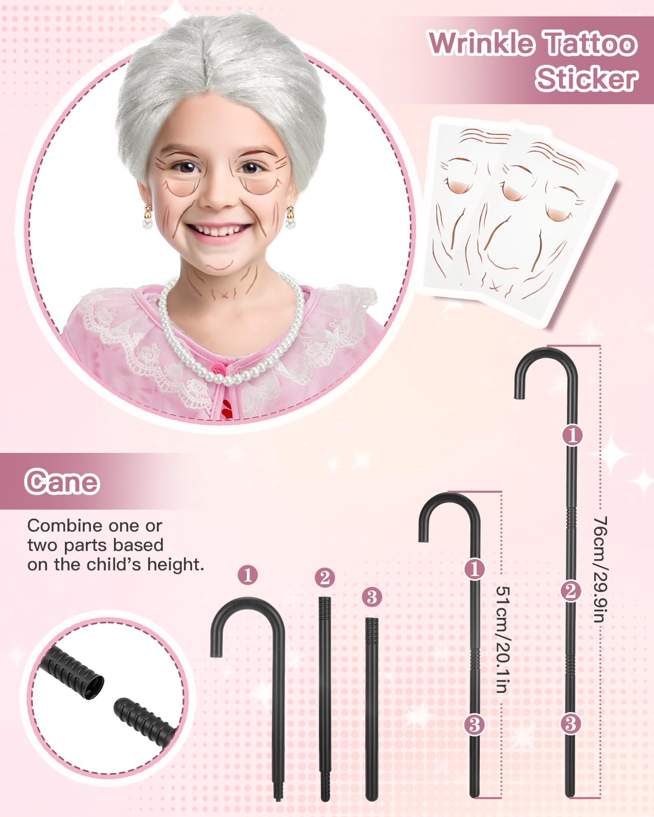Gleamkid Old Lady Costume for Kids – 100 Days Granny Dress-Up Kit with Wig & Accessories