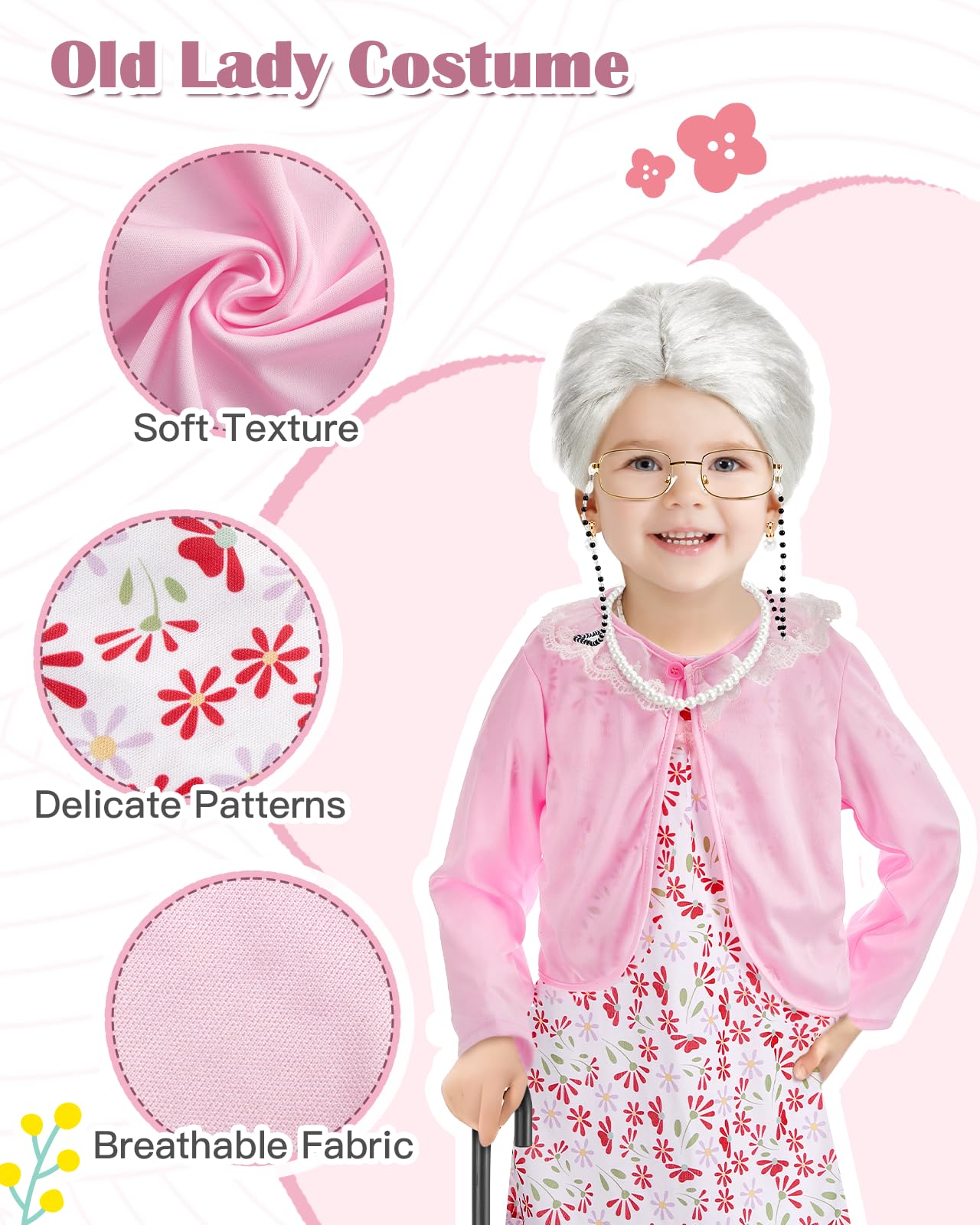Gleamkid Old Lady Costume for Kids – 100 Days Granny Dress-Up Kit with Wig & Accessories