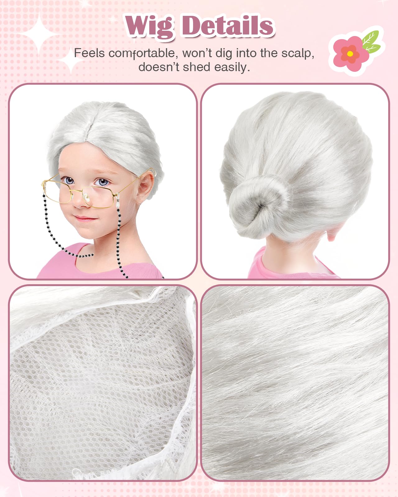 Gleamkid Old Lady Costume for Kids – 100 Days Granny Dress-Up Kit with Wig & Accessories