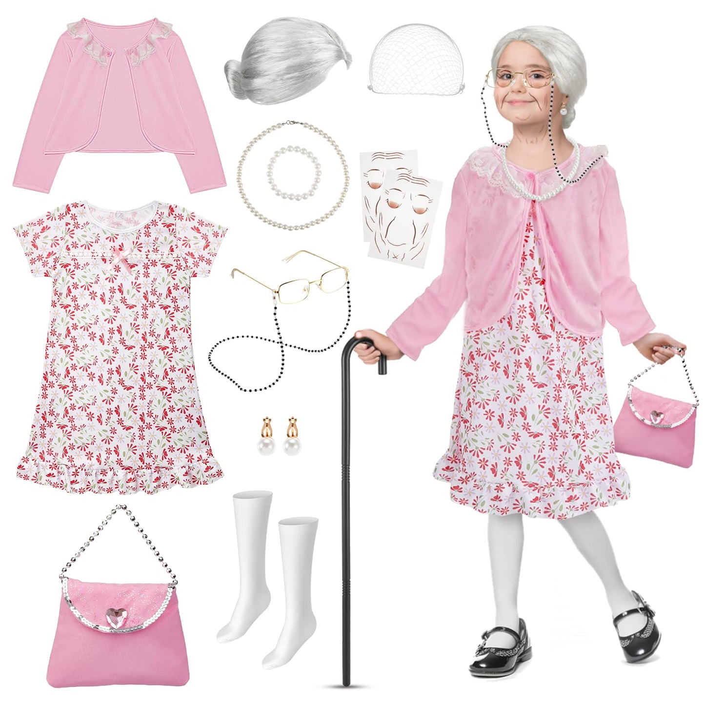 Gleamkid Old Lady Costume for Kids – 100 Days Granny Dress-Up Kit with Wig & Accessories