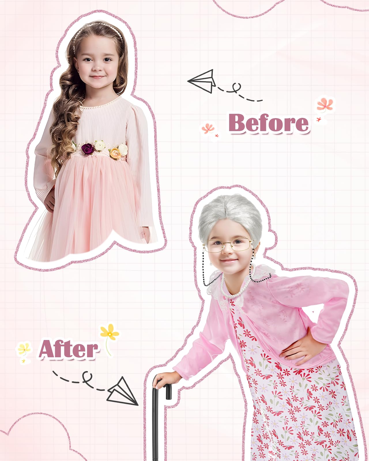Gleamkid Old Lady Costume for Kids – 100 Days Granny Dress-Up Kit with Wig & Accessories