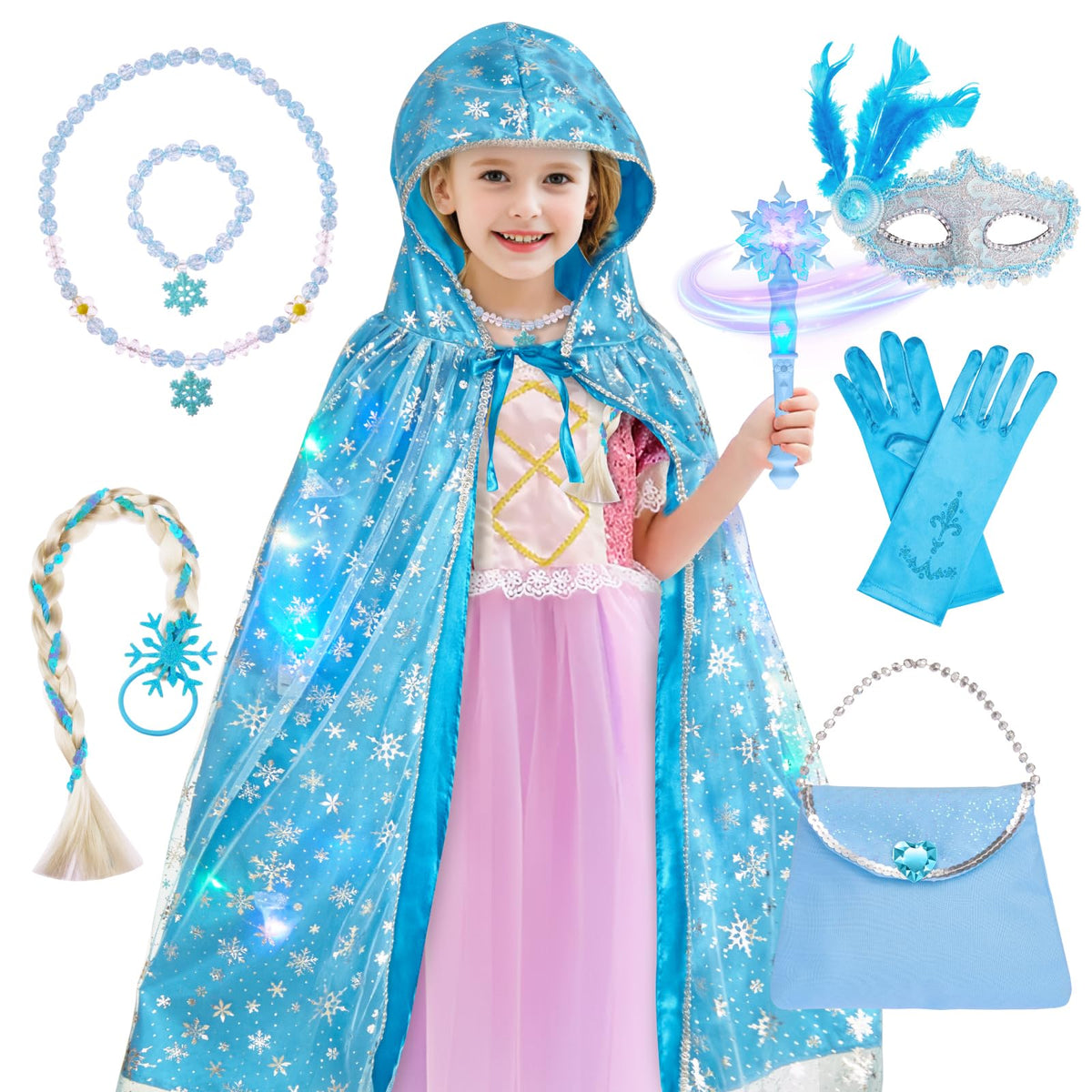 Gleamkid Frozen Princess Dress Up Set – Light Up Cape, Music Wand & Makeup Kit for Girls 3+