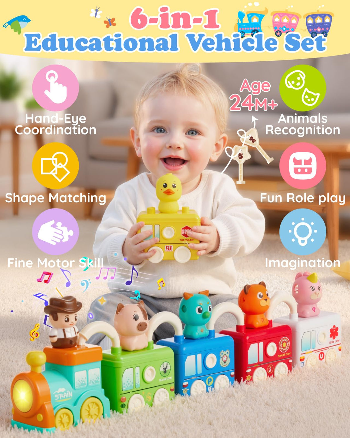 Gleamkid Montessori Train Set for Toddlers 2-4 – Learning Toys with Lights & Music