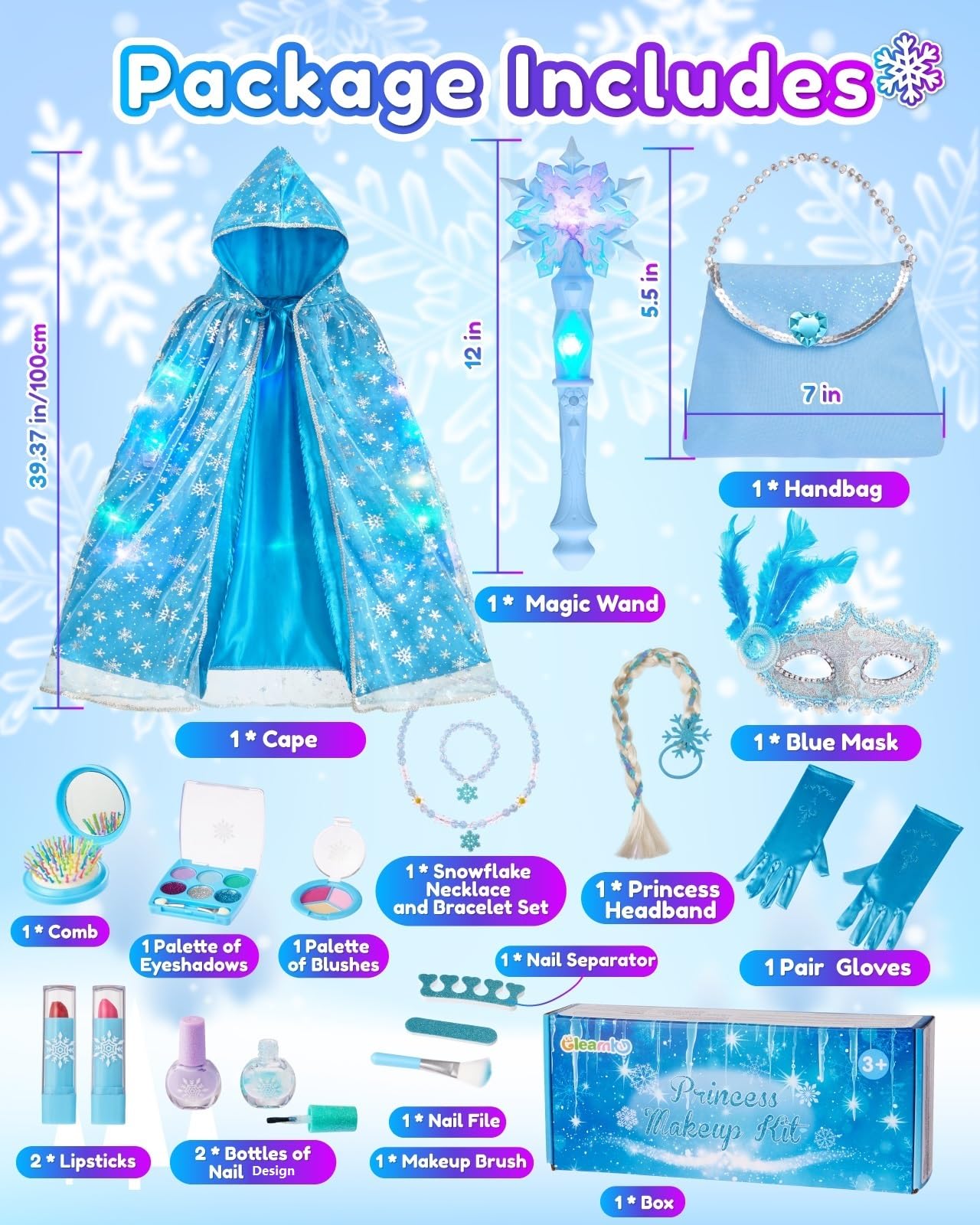 Gleamkid Frozen Princess Dress Up Set – Light Up Cape, Music Wand & Makeup Kit for Girls 3+