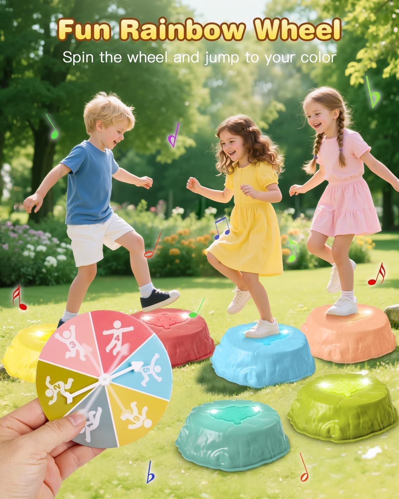 Gleamkid Light Up Stepping Stones with Music — 6-Piece Thick ABS, Rainbow Spinner (Indoor/Outdoor)