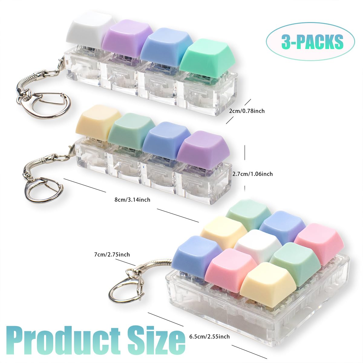 Gliging 3Pcs Keyboard Fidget Toy Set – 4-in-1 Clicker Keychains (Blue & Yellow)