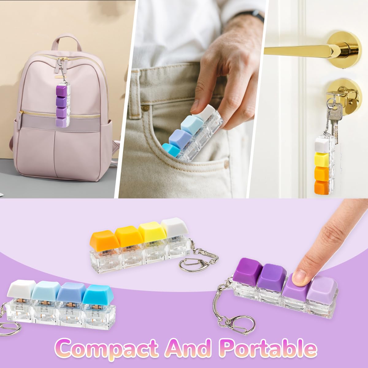 Gliging 3 Pcs Keyboard Fidget Toy – Colorful Gradient 4-in-1 Clicker Keychain for Stress Relief