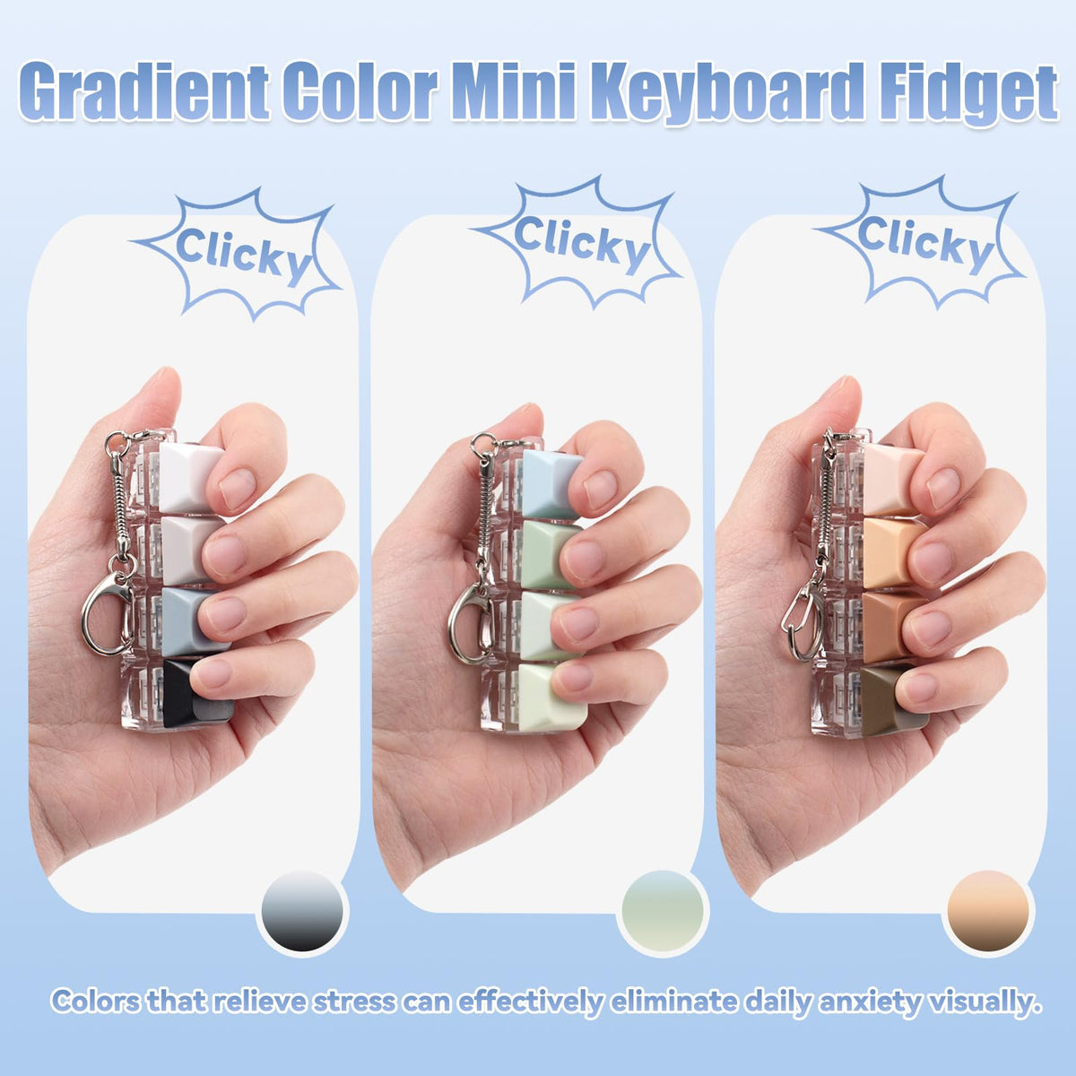 Gliging 3 Pcs Keyboard Fidget Toy – 4-in-1 Loud Clicker Keychain for Focus and Calm