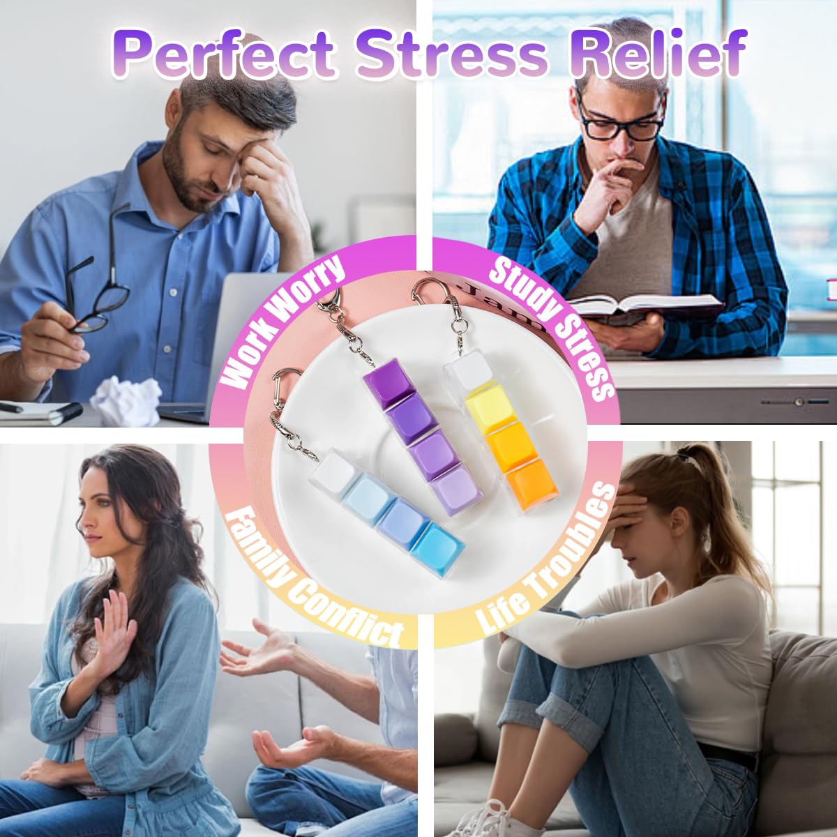 Gliging 3 Pcs Keyboard Fidget Toy – Colorful Gradient 4-in-1 Clicker Keychain for Stress Relief